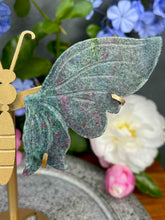 Load image into Gallery viewer, Stunning UV Ruby Kyanite Fuchsite Crystal Butterfly Wings On Gold Stand

