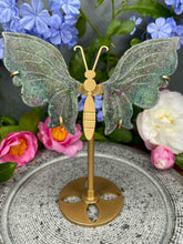 Load image into Gallery viewer, Gorgeous UV Ruby Kyanite Fuchsite Crystal Butterfly Wings On Gold Stand
