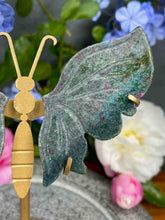 Load image into Gallery viewer, Beautiful UV Ruby Kyanite Fuchsite Crystal Butterfly Wings On Gold Stand
