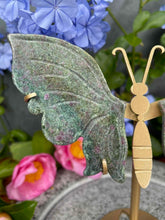 Load image into Gallery viewer, Gorgeous UV Ruby Kyanite Fuchsite Crystal Butterfly Wings On Gold Stand
