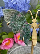 Load image into Gallery viewer, Breathtaking UV Ruby Kyanite Fuchsite Crystal Butterfly Wings On Gold Stand
