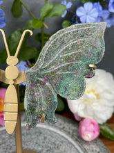 Load image into Gallery viewer, Gorgeous UV Ruby Kyanite Fuchsite Crystal Butterfly Wings On Gold Stand
