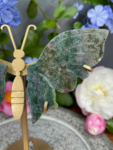 Load image into Gallery viewer, Breathtaking UV Ruby Kyanite Fuchsite Crystal Butterfly Wings On Gold Stand
