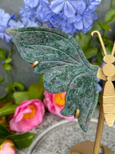 Load image into Gallery viewer, UV Ruby Kyanite Fuchsite Crystal Butterfly Wings On Gold Stand
