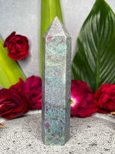 Load image into Gallery viewer, Soft Ruby Fuchsite Kyanite Crystal Tower Point UV Reactive
