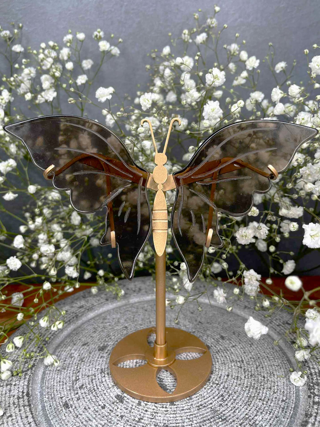 Smoky Quartz Crystal Butterfly Wings On Gold Stand