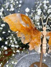 Load image into Gallery viewer, Golden Healer Quartz Crystal Butterfly Wings On Gold Stand Crown Chakra
