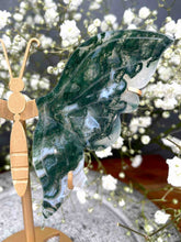 Load image into Gallery viewer, Incredible Moss Agate Crystal Butterfly Wings on Gold Stand

