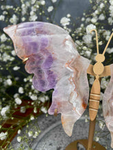 Load image into Gallery viewer, Mexican Crazy Lace Agate Amethyst Crystal Butterfly Wings On Gold Stand
