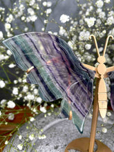 Load image into Gallery viewer, Beautiful Rainbow Fluorite Butterfly Wings On Gold Stand
