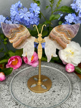 Load image into Gallery viewer, Amethyst Mexican Crazy Lace Agate Crystal Butterfly Wings On Gold Stand

