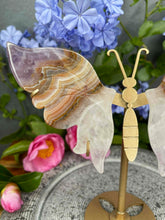 Load image into Gallery viewer, Amethyst Mexican Crazy Lace Agate Crystal Butterfly Wings On Gold Stand
