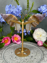Load image into Gallery viewer, Amethyst Mexican Crazy Lace Agate Crystal Butterfly Wings On Gold Stand
