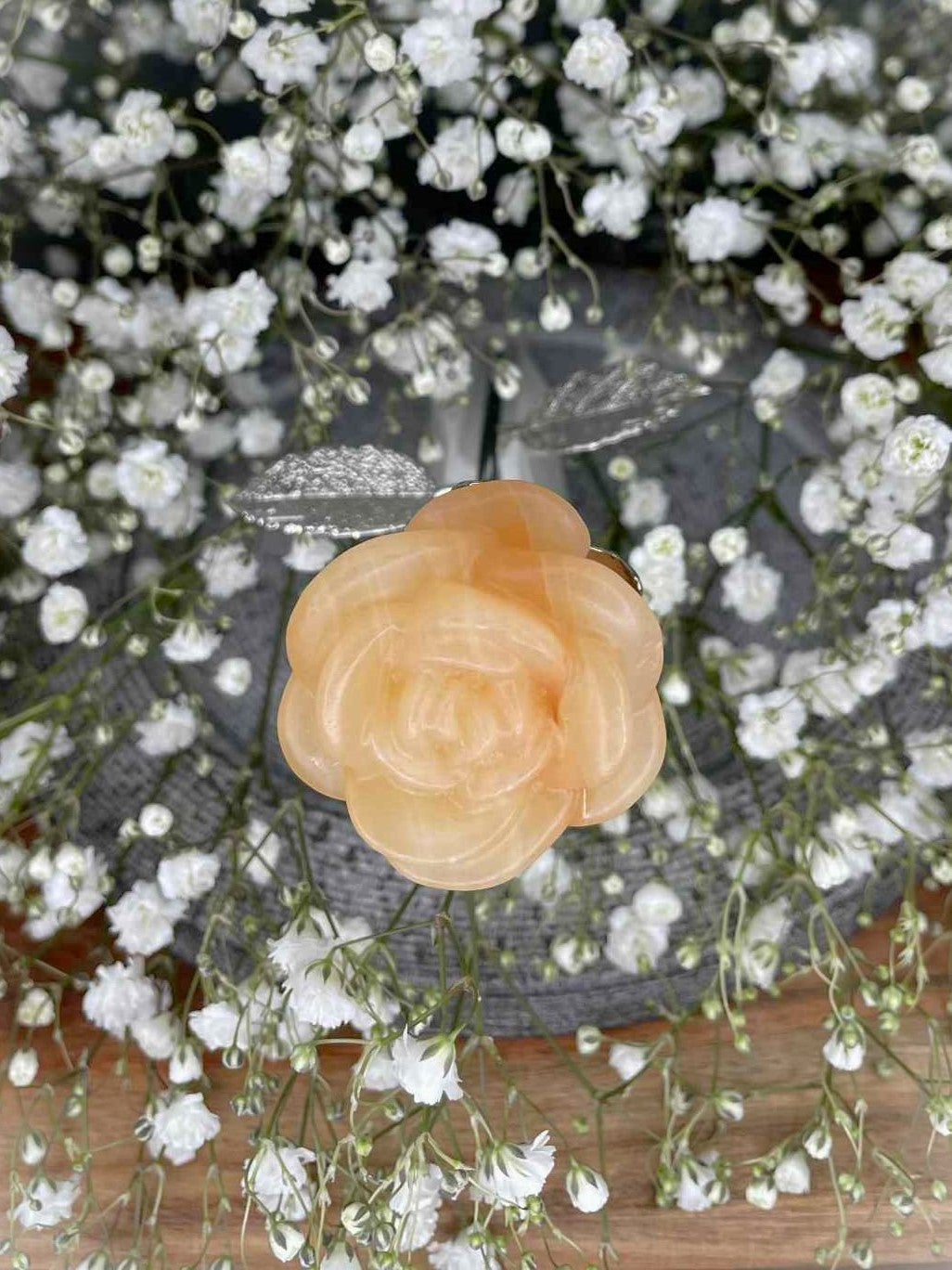 Yellow Calcite Crystal Rose Carving Silver Stem