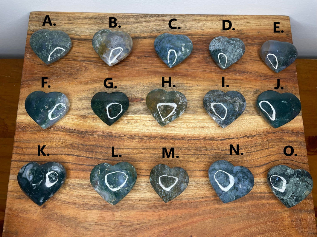 Wealth and Balance Small Moss Agate Love Hearts
