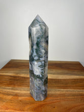 Load image into Gallery viewer, Druzy Blue Moss Agate Tower Point
