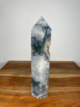 Load image into Gallery viewer, Druzy Blue Moss Agate Tower Point
