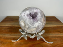 Load image into Gallery viewer, Green Quartz Flower Agate Sphere with Amethyst Druzy and Pyrite Inclusion
