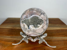 Load image into Gallery viewer, Green Quartz Flower Agate Sphere with Amethyst Druzy and Pyrite Inclusion
