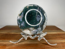 Load image into Gallery viewer, Stunning Green And Blue Moss Agate Sphere With White Quartz Druzy
