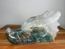 Load image into Gallery viewer, Light Filled Moss Agate Dragon Skull Carving
