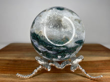 Load image into Gallery viewer, Stunning Green And Blue Moss Agate Sphere With White Quartz Druzy
