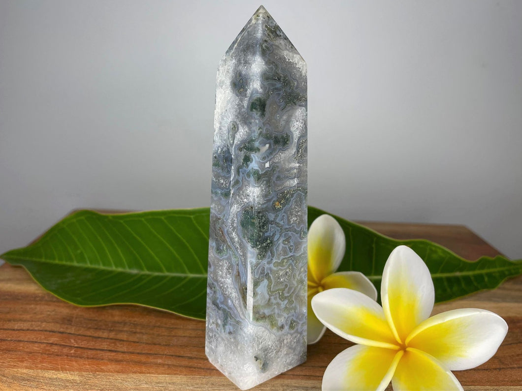 Moss Agate With Blue Banding Crystal Point Tower