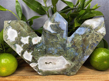 Load image into Gallery viewer, Three Point Moss Agate Quartz Crystal Tower Home Décor
